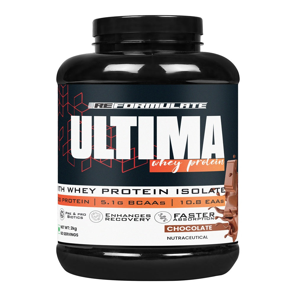 Reformulate I Ultima I Whey Protein with Isolate I 23 G Protein I 5.1G BCAA I 10.8 EAA I Pre & Probiotics I Enhances Recovery I Faster Absorption I Nutraceutical I Chocolate I Serving 60 I 2 KG
